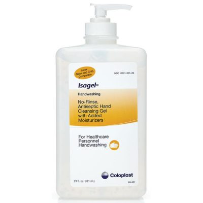 Bottle of Isagel hand sanitizing gel (621 ml) on white background