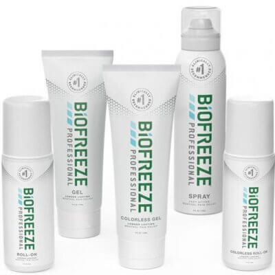 BioFreeze gel, roll-on, and spary products on a white background